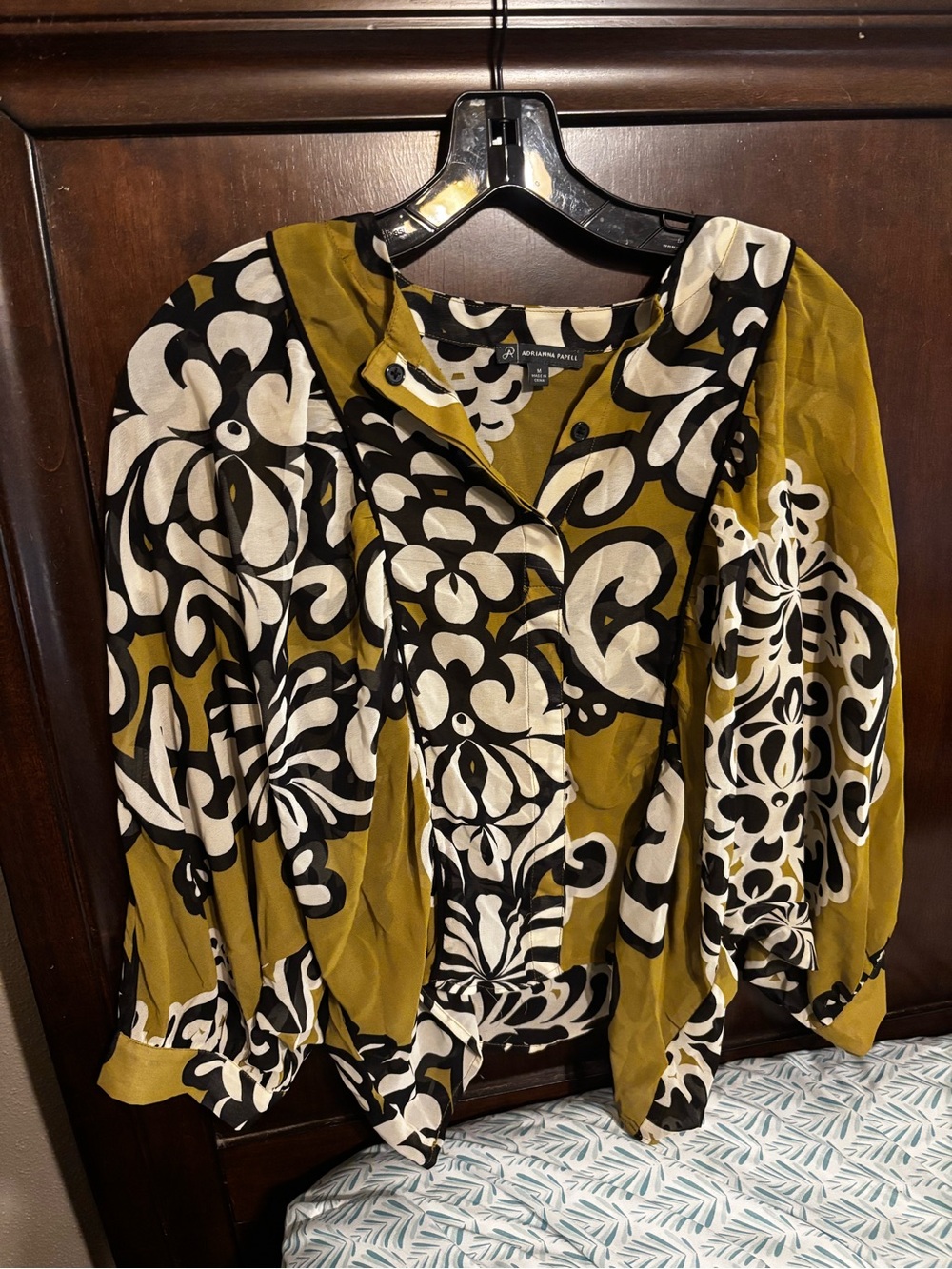 Adrianna Papell Olive, Black & White Abstract Floral Blouse